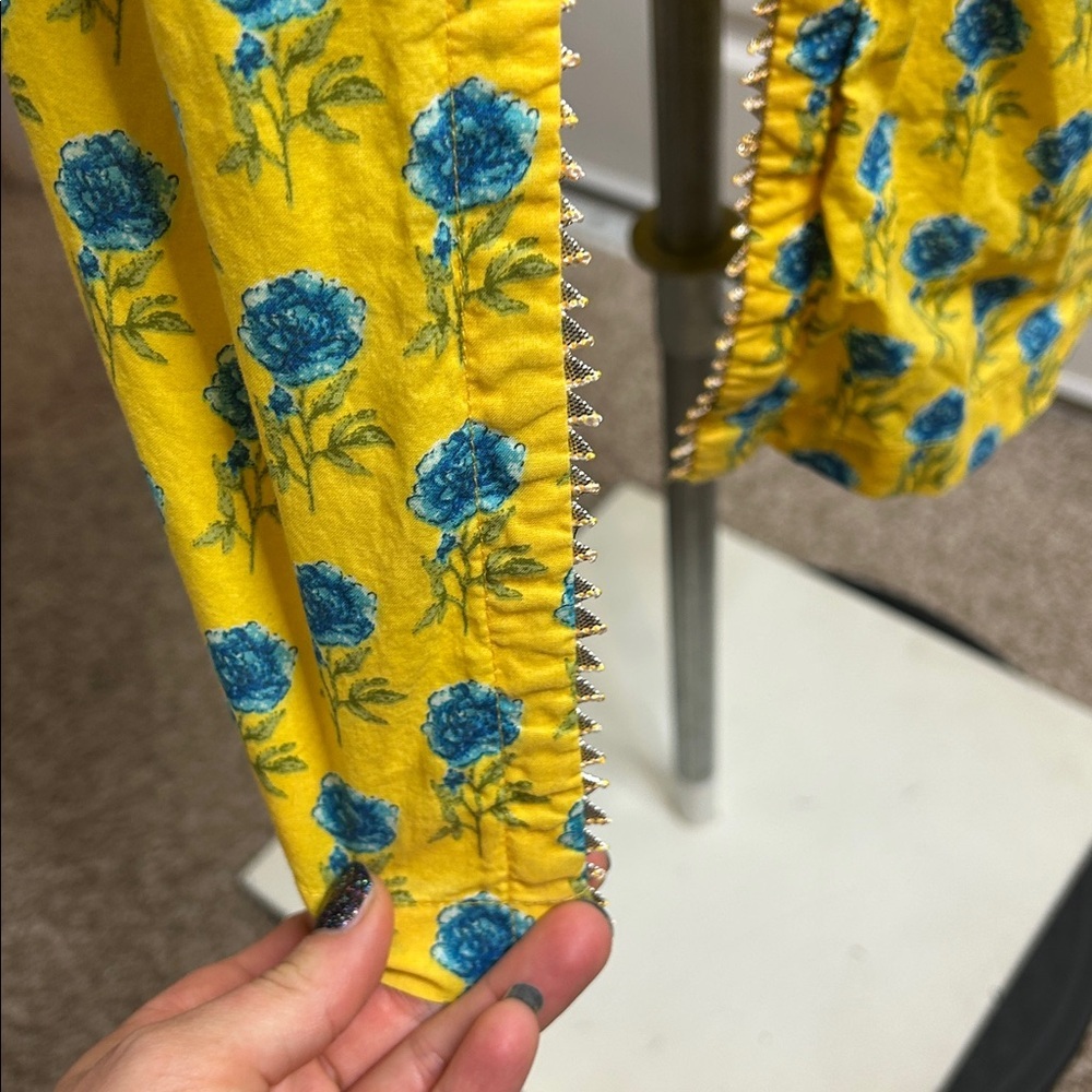 Biba Yellow Blue Floral Long Sleeve Dress Long Silt 34 Tassel‎ - Picture 5 of 14